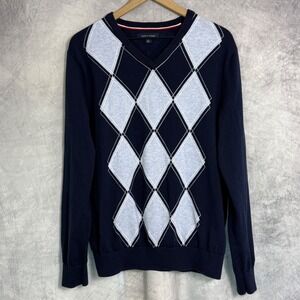 Tommy Hilfiger Men's Sz XL Argyle Sweater V Neck Long Sleeve Blue White Preppy